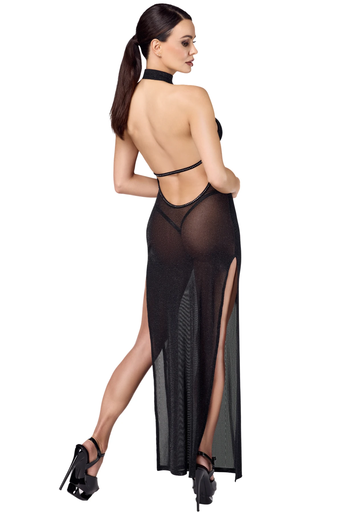 Langes Kinky Kleid Onyx Twin-slit von Noir Handmade F372 aus schimmerndem Netzmaterial mit Strasssteinchen, tiefem Rückenausschnitt und doppelt geschlitztem Rock für einen ausdrucksstarken, glamourösen Look von Noir Handmande F372