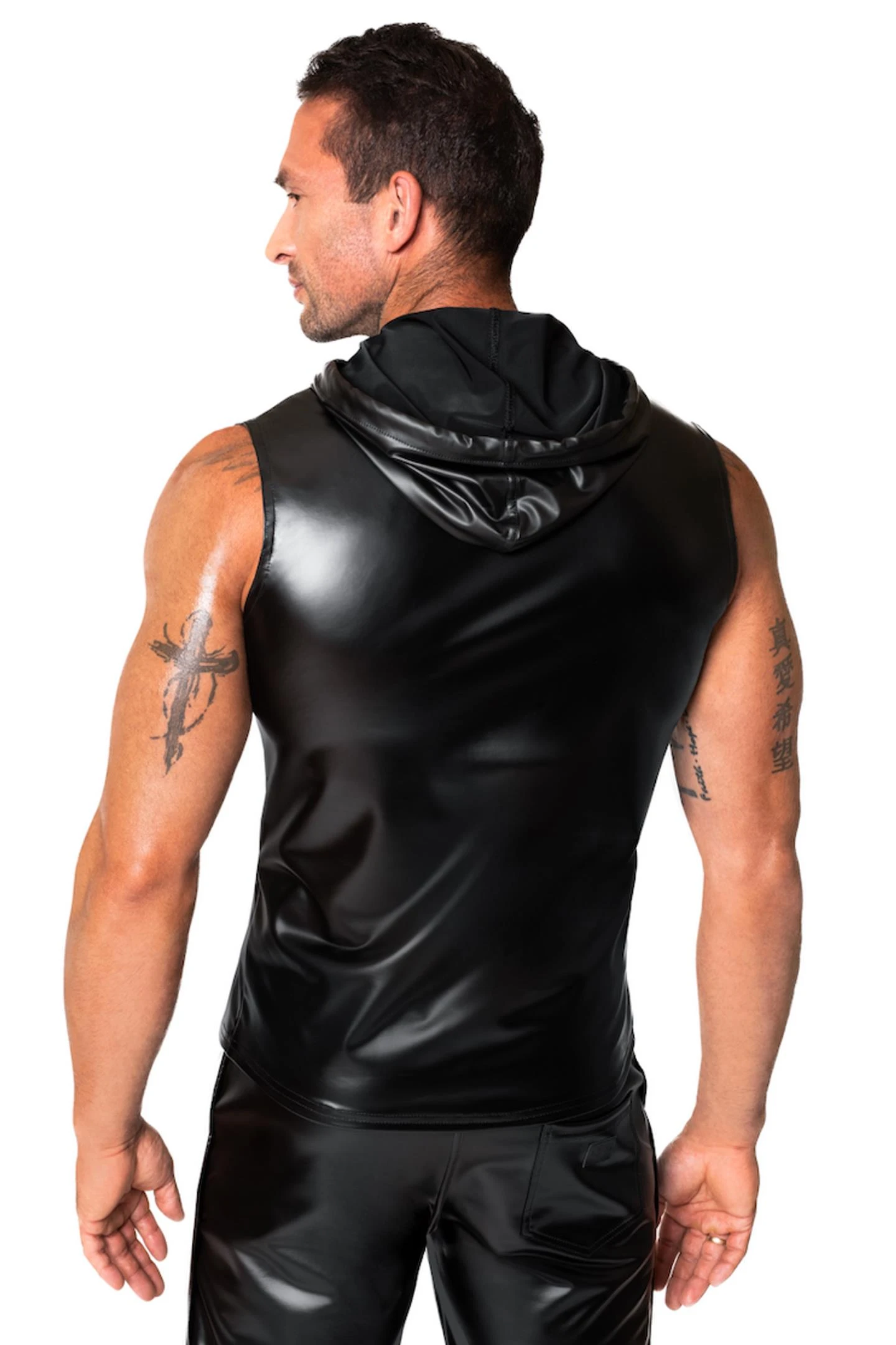 Männer ärmelloser Kapuzenpulli aus Power Wetlook-Gewebe: Sportlich, glänzend und vielseitig für jeden Anlassärmelloses Kapuzenshirt Noir H081