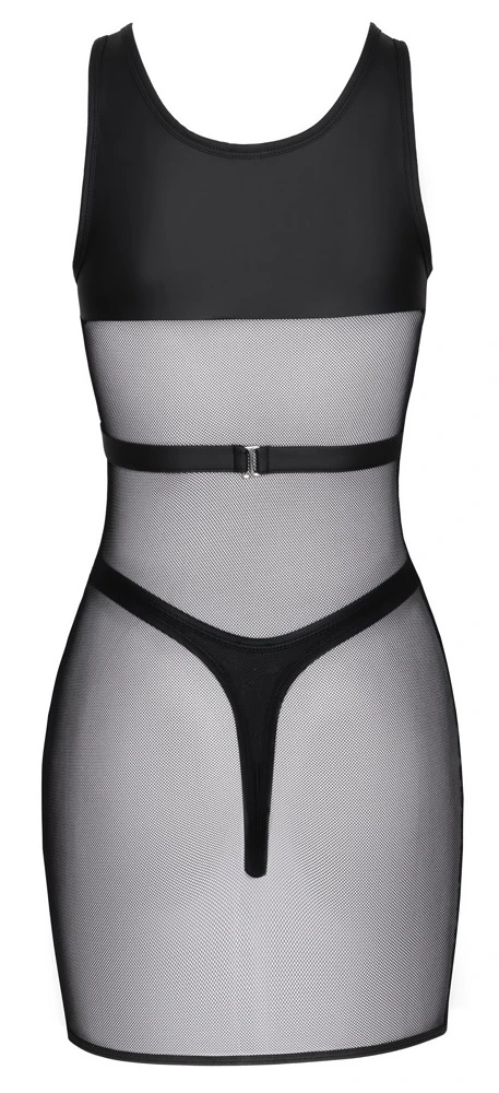 Schwarzes Netz-Minikleid mit Mattlook-Harness & hoch geschnittenem Riostring im raffinierten Set von Cottelli PARTY