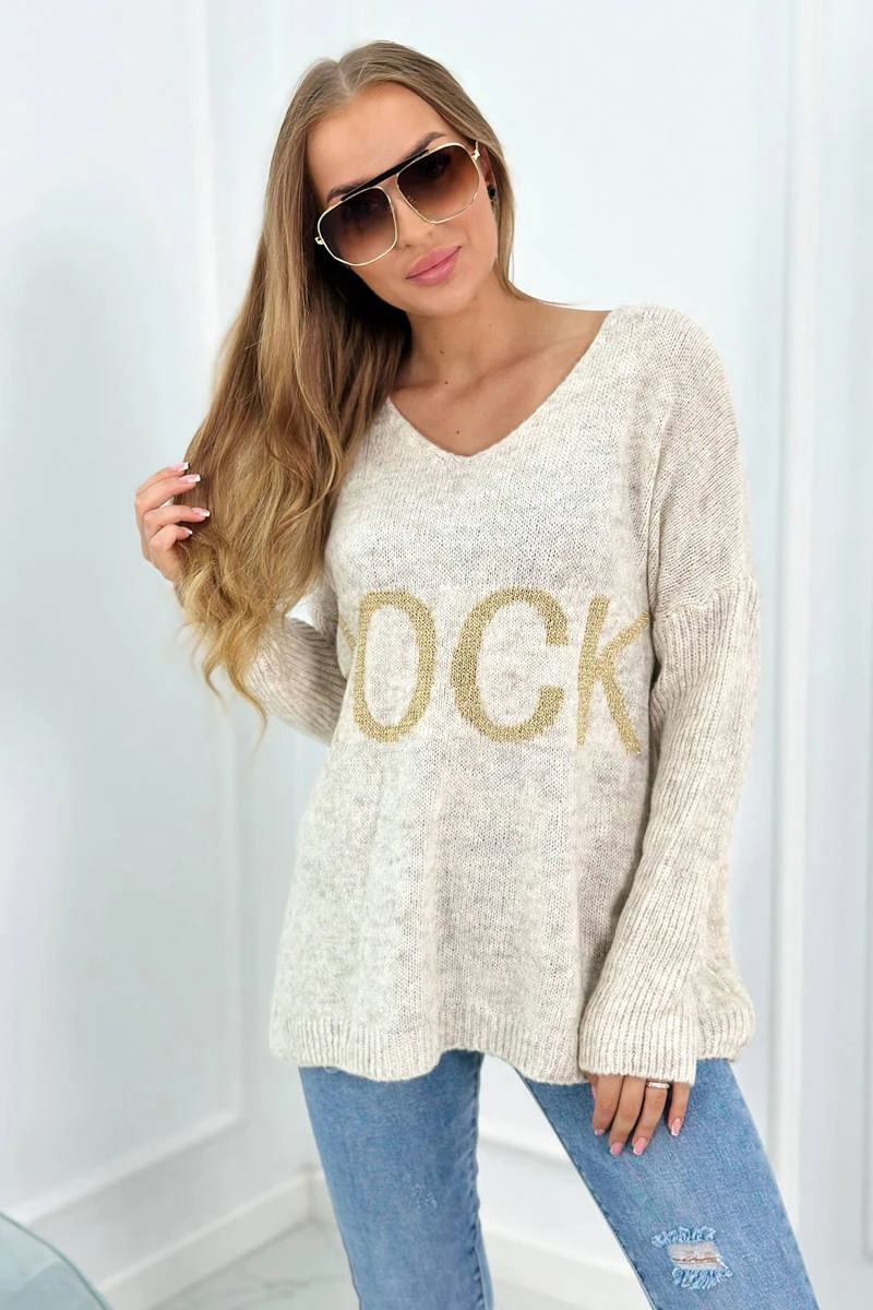 Oversize V-Neck Strick Pullover mit Schriftzug Oversize V-Neck Strick Pullover mit Schriftzug