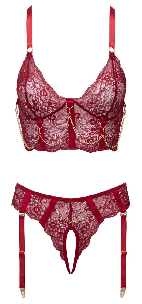 Longline-BH & Straps-Riostring ouvert Reizwäsche aus roter Spitze mit Satin, offen, Kettendetails, abnehmbare Strapse Cottelli LINGERIE