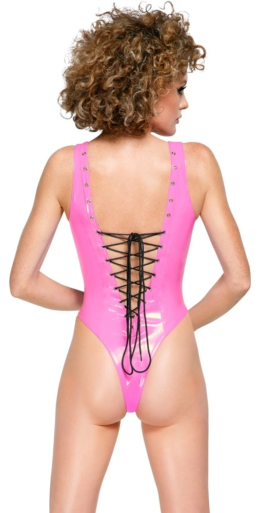 Lack Body pink, Pink Lack-Body mit variabler Schnürung in Schwarz und extra hohen Beinausschnitten von Black Level für aufregende Looks! Lack Body pink, Pink Lack-Body mit variabler Schnürung in Schwarz und extra hohen Beinausschnitten von Black Level für aufregende Looks!