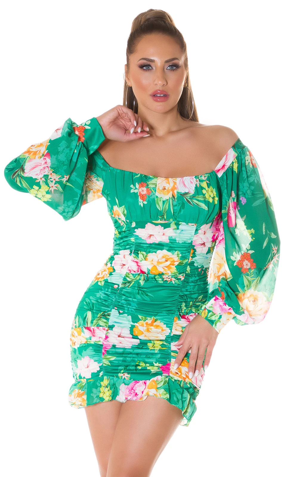Flower Printed Romantic Off Shoulder Minikleid mit Ballon-Ärmel Flower Printed Romantic Off Shoulder Minikleid mit Ballon-Ärmel