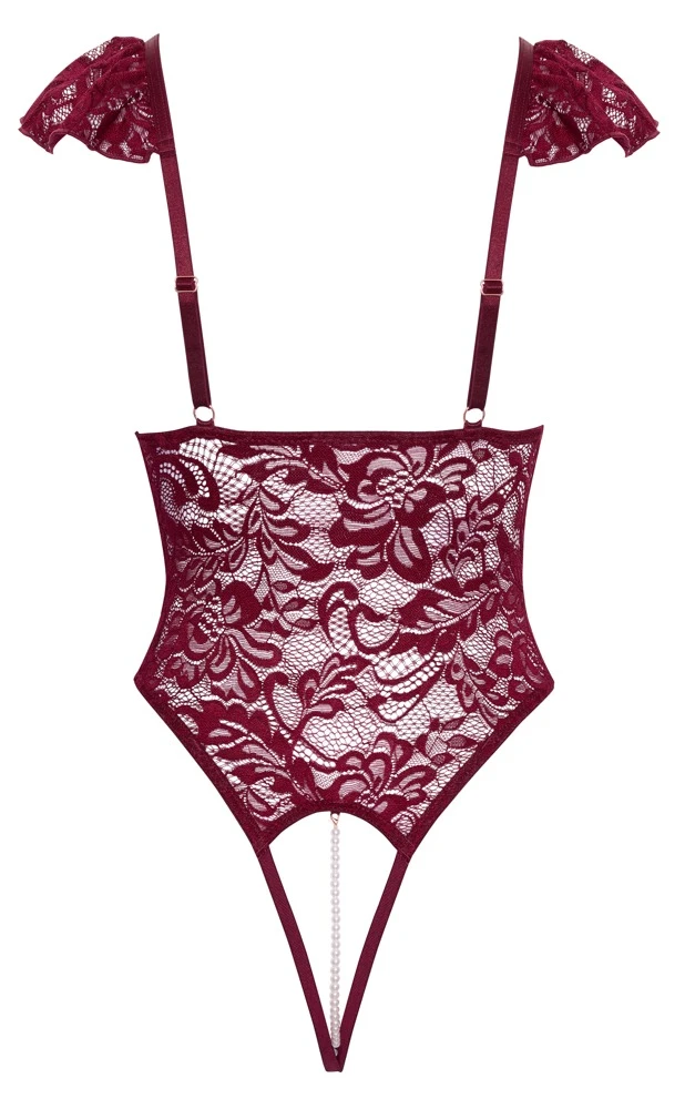 Stringbody ouvert mit Schulterspitze aus bordeaux-roter Blütenspitze von Cottelli LINGERIE mit roségoldfarbenen Details und abnehmbaren Perlenketten