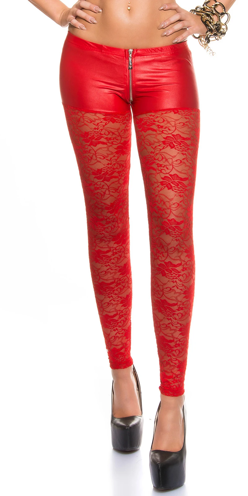 Gogo Spitzen Wet Look Leggings mit Hotpants-Effekt und Zipper Gogo Spitzen Wet Look Leggings mit Hotpants-Effekt und Zipper