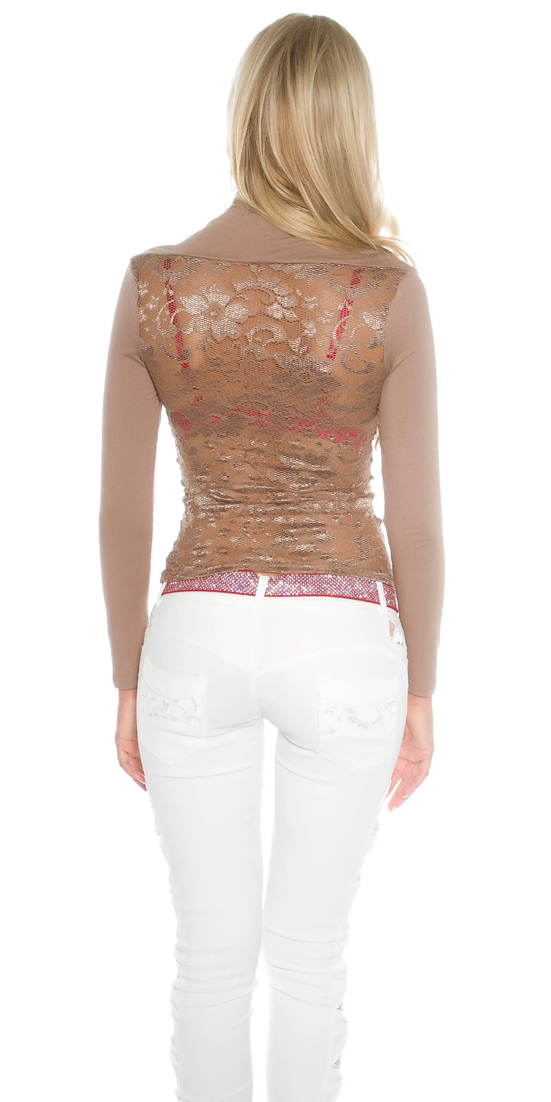 Spitzen Rücken Langarm Shirt mit Deko Schleife und Bolero Effekt Spitzen Rücken Langarm Shirt mit Deko Schleife und Bolero Effekt