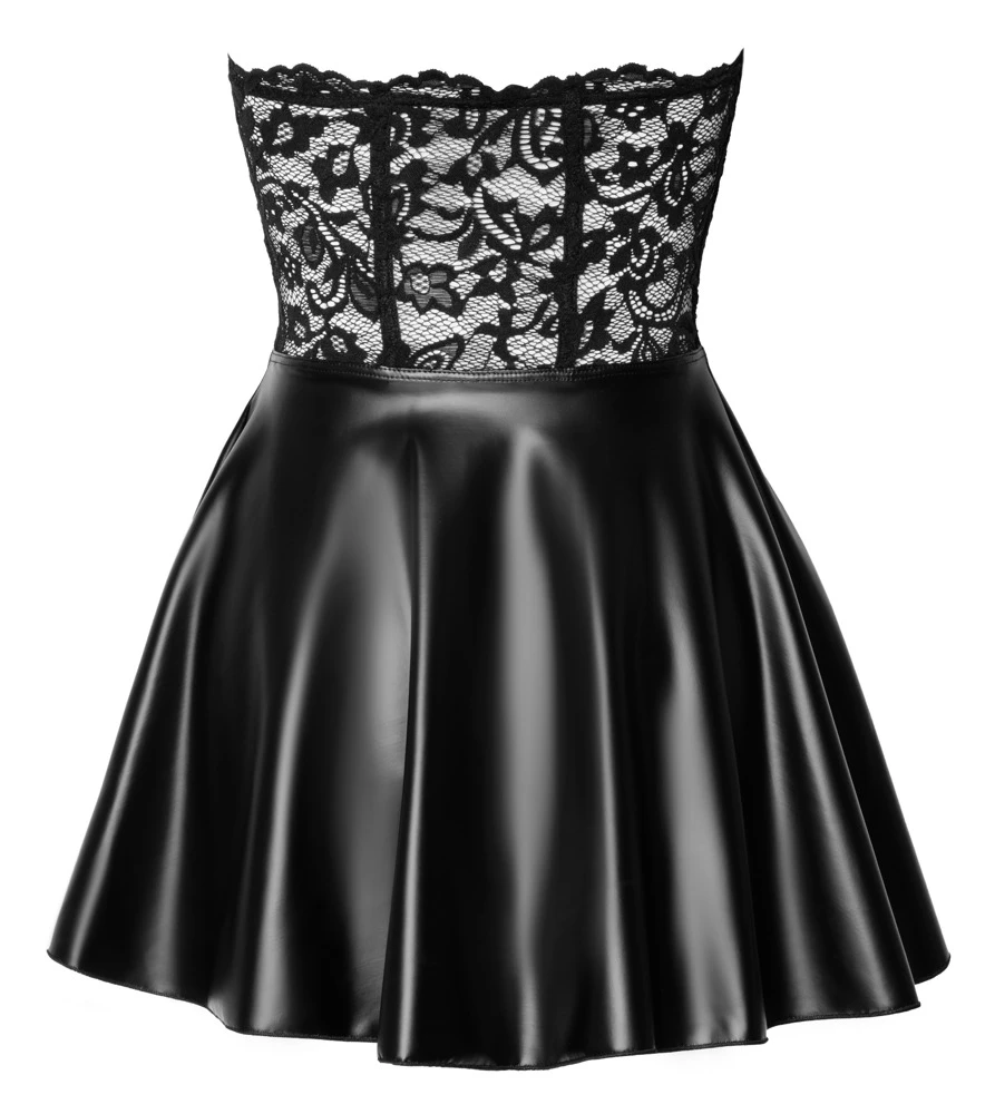 Trägerloses Corsagenkleid Corsagen-Oberteil aus zarter Spitze, Rockteil im Powerwetlook