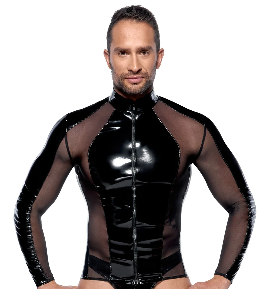 Extravagantes schwarzes Langarm-Shirt von Black Level aus glänzendem Lack mit aufregend transparenten Netz-Einsätzen. Extravagantes schwarzes Langarm-Shirt von Black Level aus glänzendem Lack mit aufregend transparenten Netz-Einsätzen.