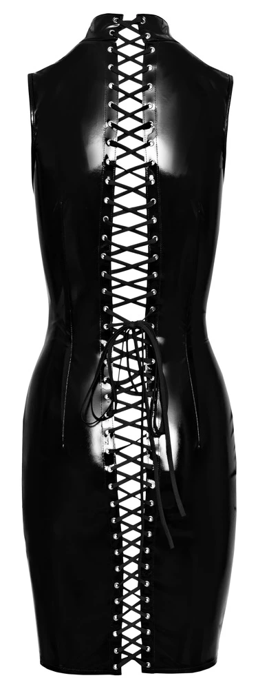 Kurzes, ärmelloses Kleid von Black Level komplett im schwarzen Lackglanz. Figurnah und tailliert geschnitten mit 2-Wege-Reißverschluss.