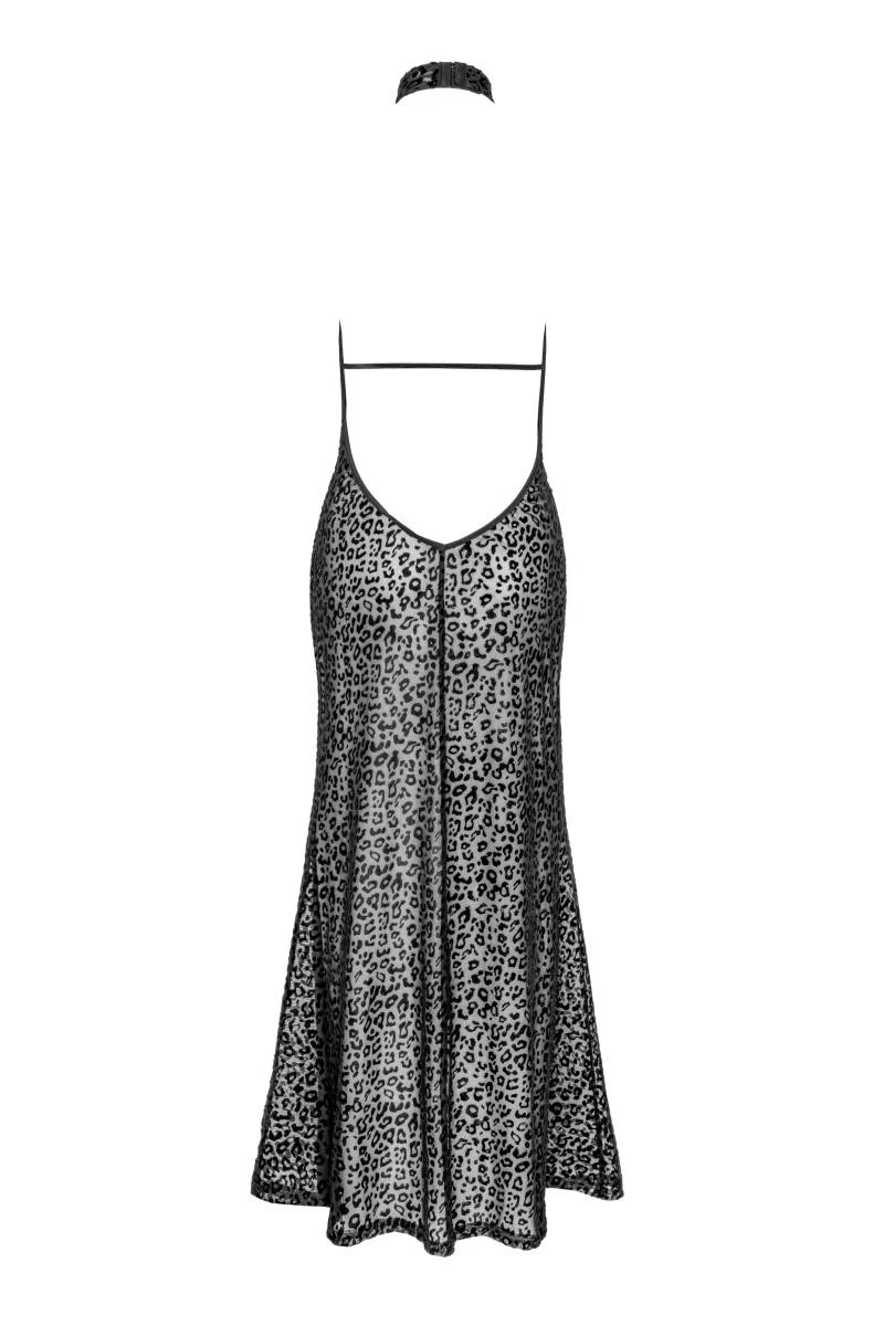 F288 Langes Flockkleid im Leoparden-Look mit Schlitz von Noir Handmade
