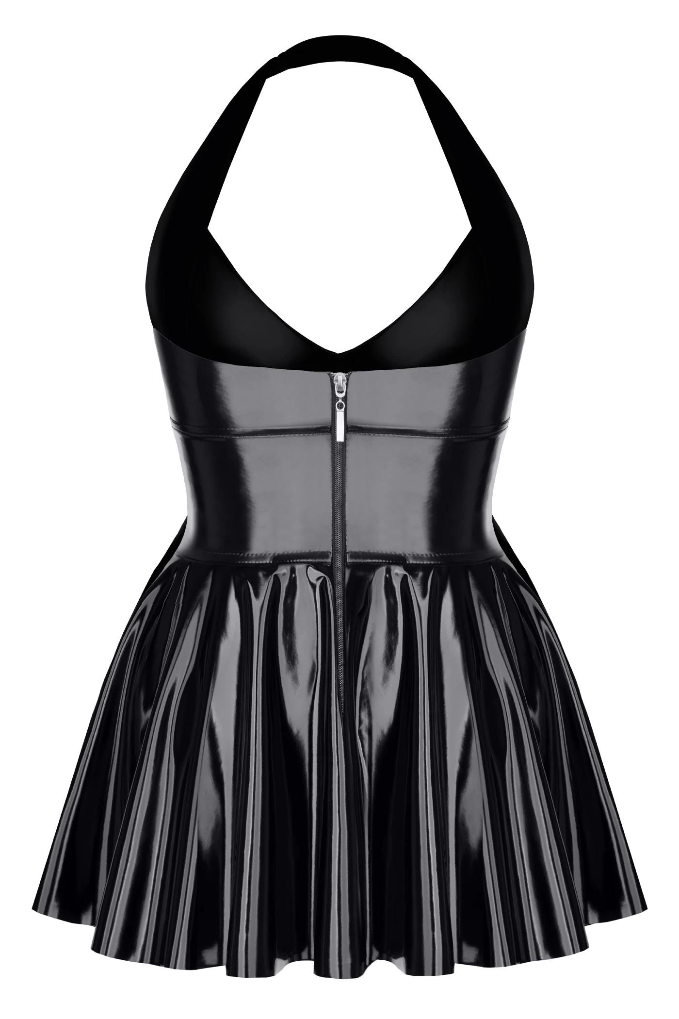 Schwarzes Kinky Lack-Kleid mit freiem Dekolleté, elastischem Gummiband am Hals und praktischem Reißverschluss auf der Rückseiteschwarzes Lack Miniklied TDSvenja001von Demoniq
