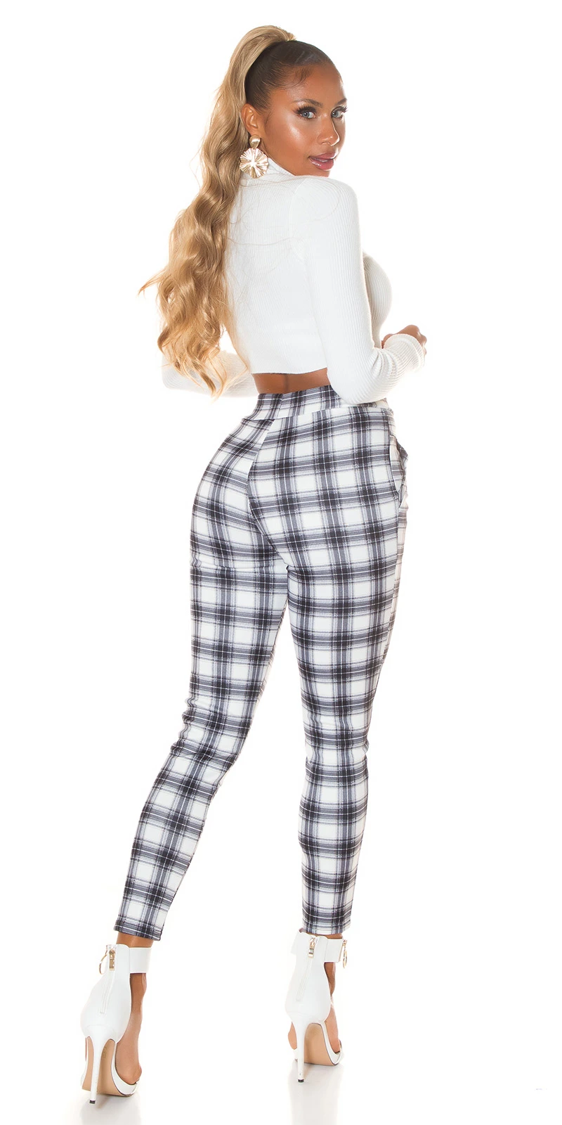 High Waist Business Röhren Karo Stoffhose mit Deko Riegel High Waist Business Röhren Karo Stoffhose mit Deko Riegel