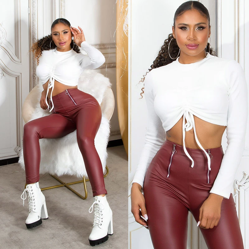 Uni High Waist Leggings im Wet Look mit Deko Zipper Uni High Waist Leggings im Wet Look mit Deko Zipper