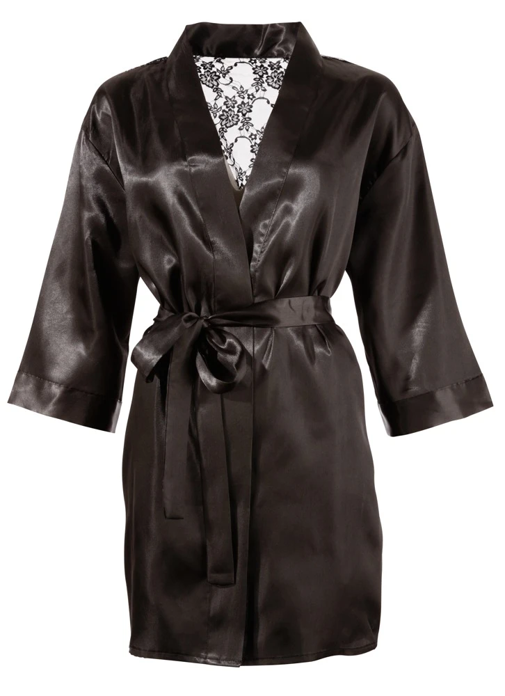 Cottelli LINGERIE Langarm Satin Look Kimono mit Spitze und Gürtel  Morgenmantel