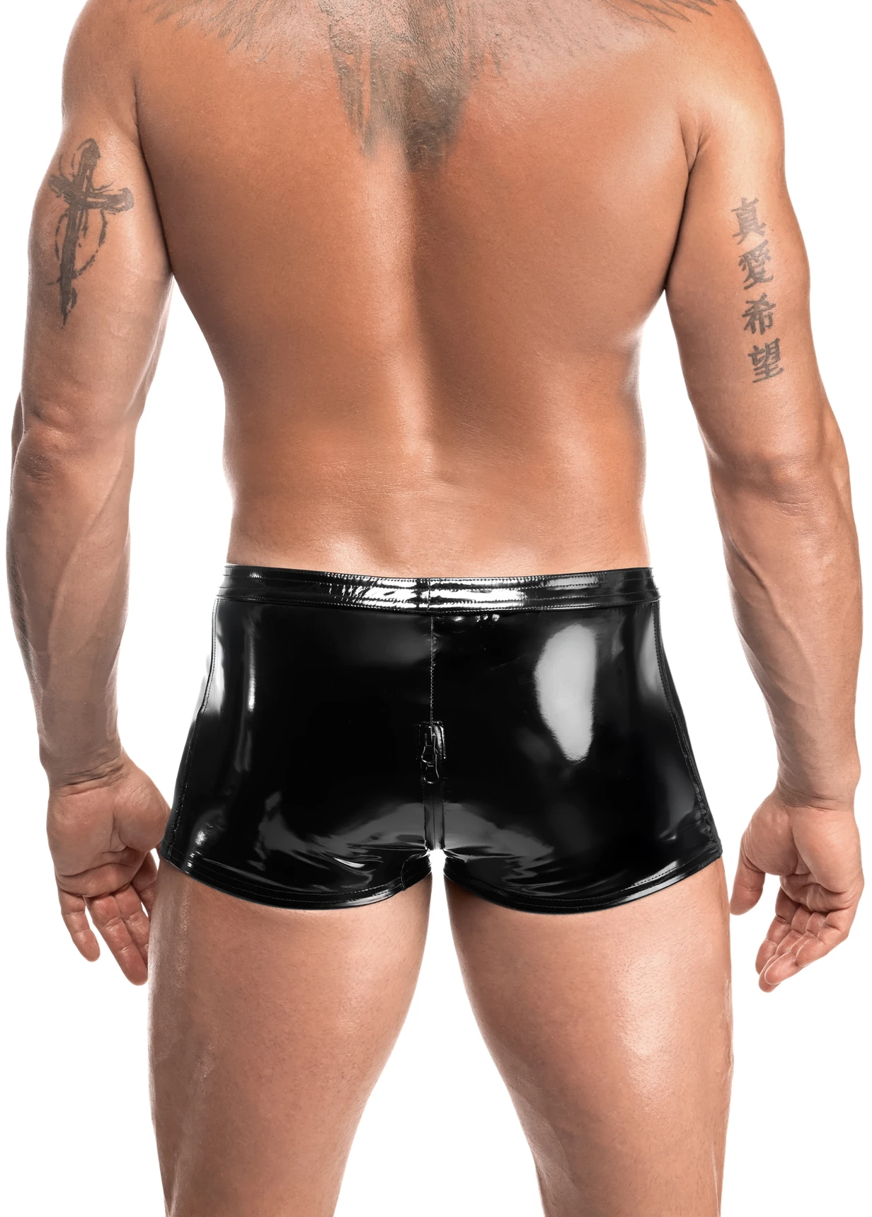 Schwarze Kinky Lack Shorts Voltage H095 ultrakurze Herren Shorts aus glänzendem PVC mit elastischem Bund und praktischem Drei-Wege-Reißverschluss für figurbetonten Look und starken Auftritt im Wetlook-Stil von Noir Handmade Men