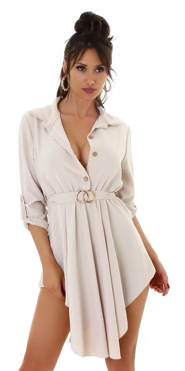 Cocktail Blusenkleid Long Bluse im Asymmetrie Style mit Deko Gürtel und Schnalle