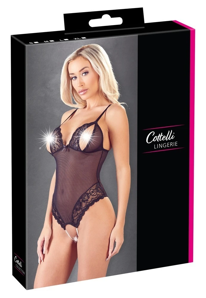 Cottelli LINGERIE Body ouvert aus Powernet und floraler Spitze mit stimulierenden Perlenketten