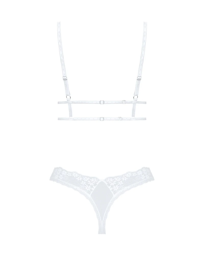 Obsessive Soft-BH und String im Set aus weißem Feinnetz mit schöner Blütenspitze verführerisch in Szene gesetz. Weich und elastisch für hohen Tragekomfort.