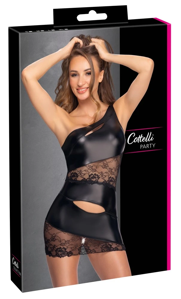 Sexy erotisch inszeniertes Kinky One-Shoulder-Minikleid von Cottelli Club Minikleid PARTY im edlen Mattlook mit feiner Spitze und aufregenden Cut-outs