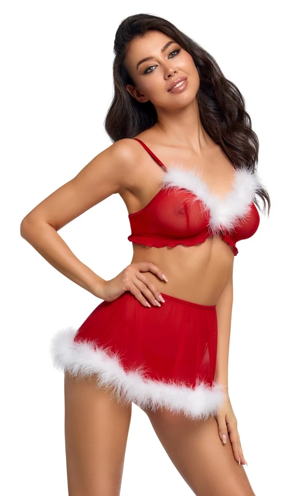 3-teiliges Dessous-Set X-Mas aus rotem Powernet mit weißem Federbesatz an BH-Top, Minirock und String für festliche Sinnlichkeit