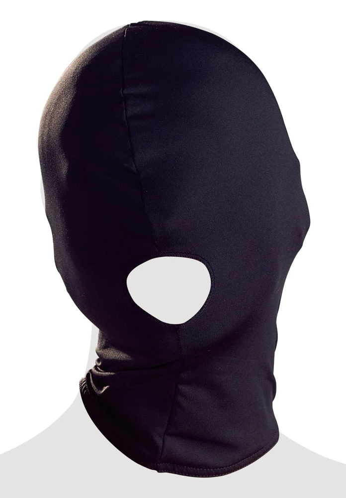 Schwarze, enganliegende Kopfmaske von Bad Kitty aus weichem Stretchmaterial mit Mundöffnung.