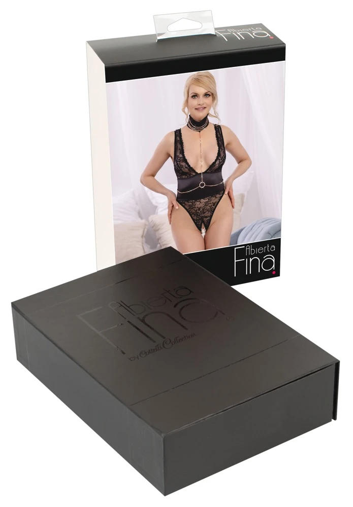 Abierta Fina Body ouvert mit Halsband und Kettenbesatz