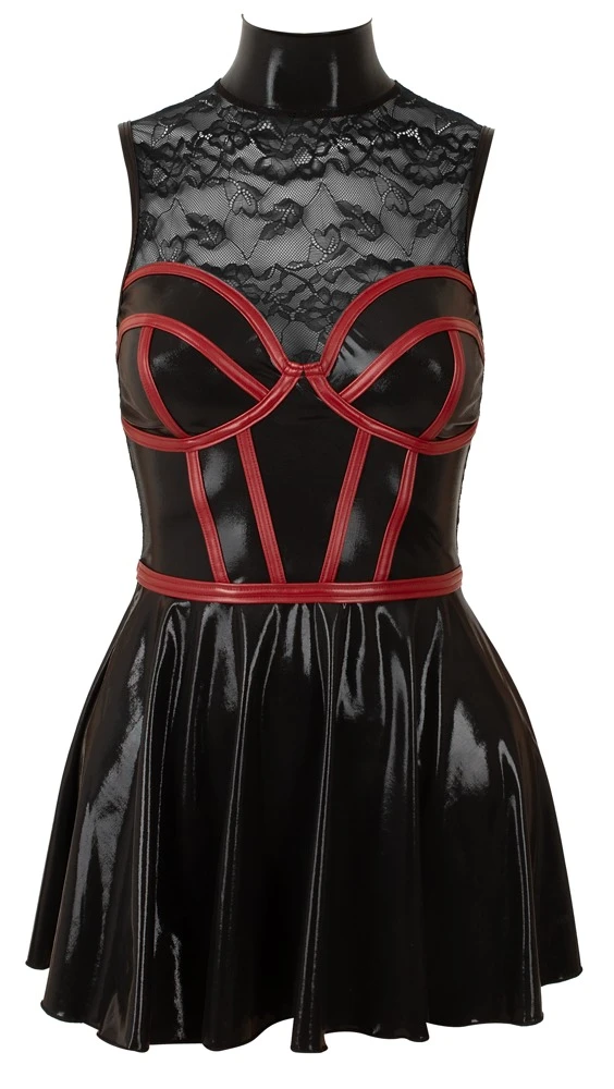 Kinky Wetlook Minikleid Spitze Corsagen-Look ärmellos schwarz rot Rücken transparent Damenkleid Cottelli PARTY