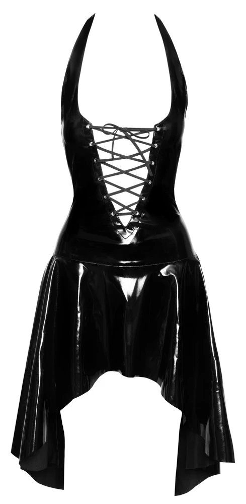 Kleid von Black Level komplett im schwarzen Lackglanz mit Neckholder. In figurnaher Schnittführung mit sexy Schnürung im tiefem V-Ausschnitt.