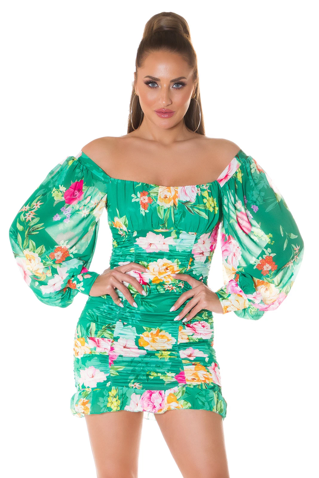 Flower Printed Romantic Off Shoulder Minikleid mit Ballon-Ärmel Flower Printed Romantic Off Shoulder Minikleid mit Ballon-Ärmel
