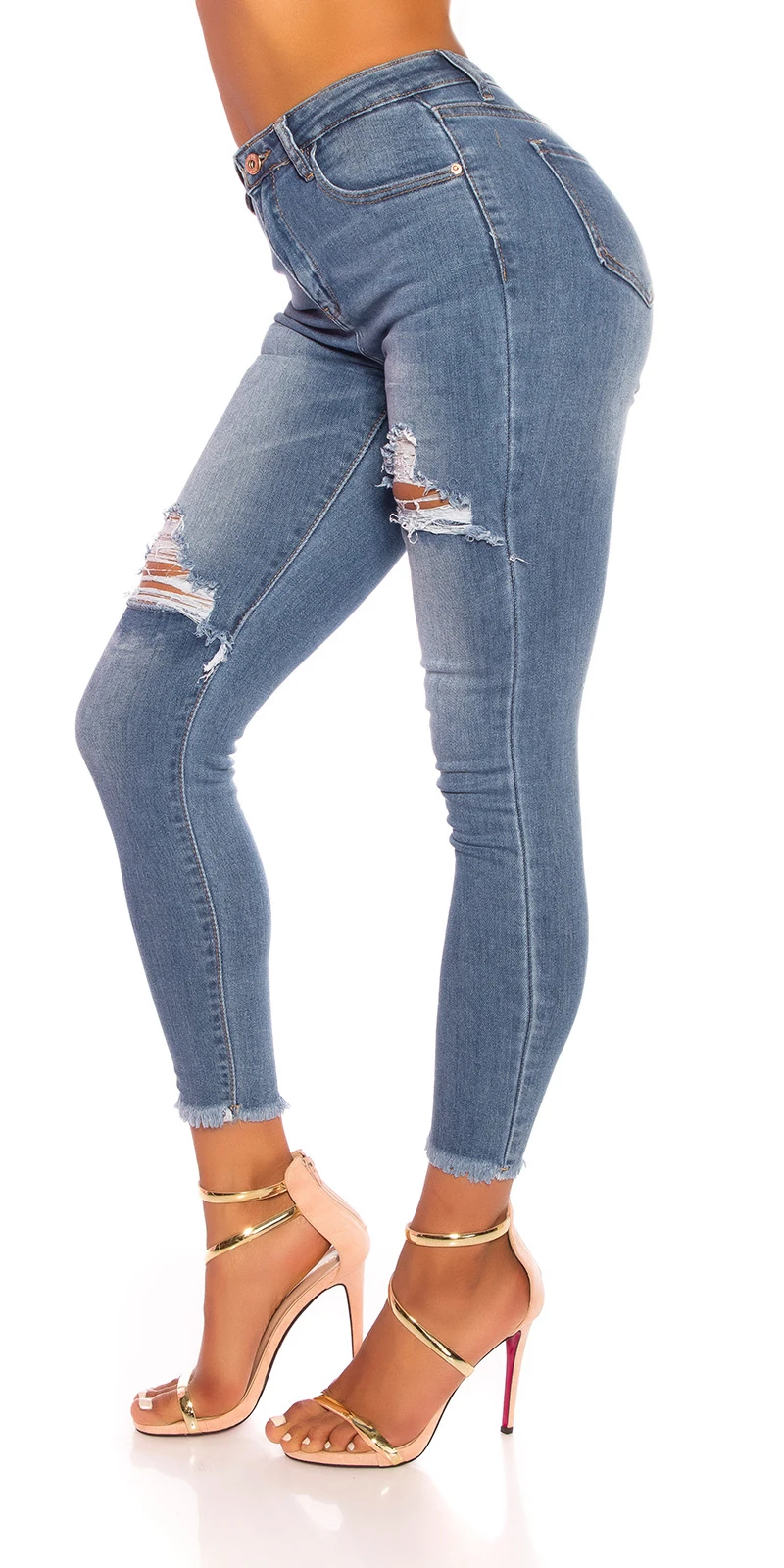 Mybestiny Highwaist Jeans im Destroyed-Look mit ausgefransten Löchern, Fransen-Beinabschluss & figurbetontem Baumwoll-Stretch