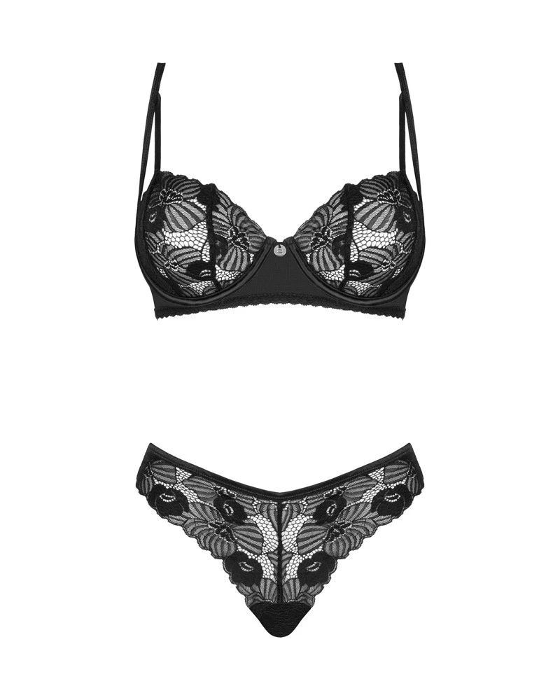 Obsessive Dessous-Set Serena Love mit Bügel-BH und String aus feiner schwarzer Blütenspitze.  Weich & elastisch für hohen Tragekomfort