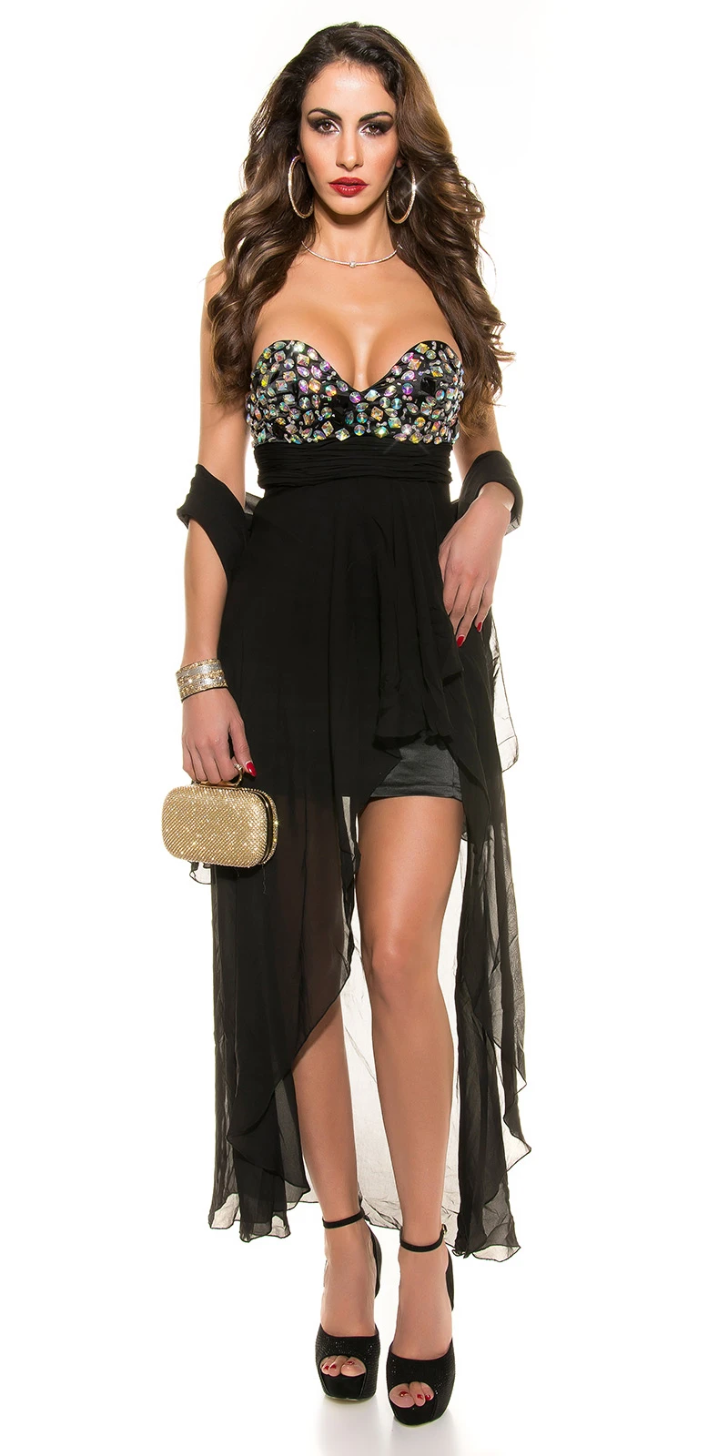 Glamour High Low Bandeau Satin Kleid mit Deko Strass Glamour High Low Bandeau Satin Kleid mit Deko Strass