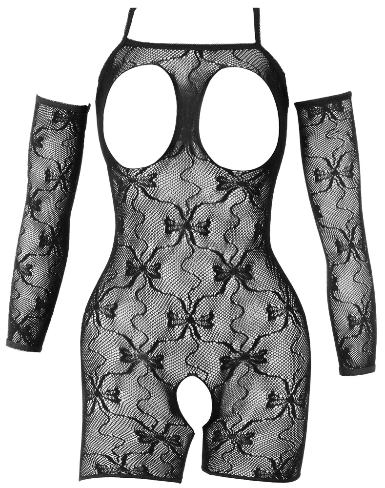 Fantasy by Cottelli Damen Catsuit Ouvert Netz Body mit Armstulpen Rautenspitze Cut-outs busenfrei offener Schritt Reizwäsche Bodystocking Shorty