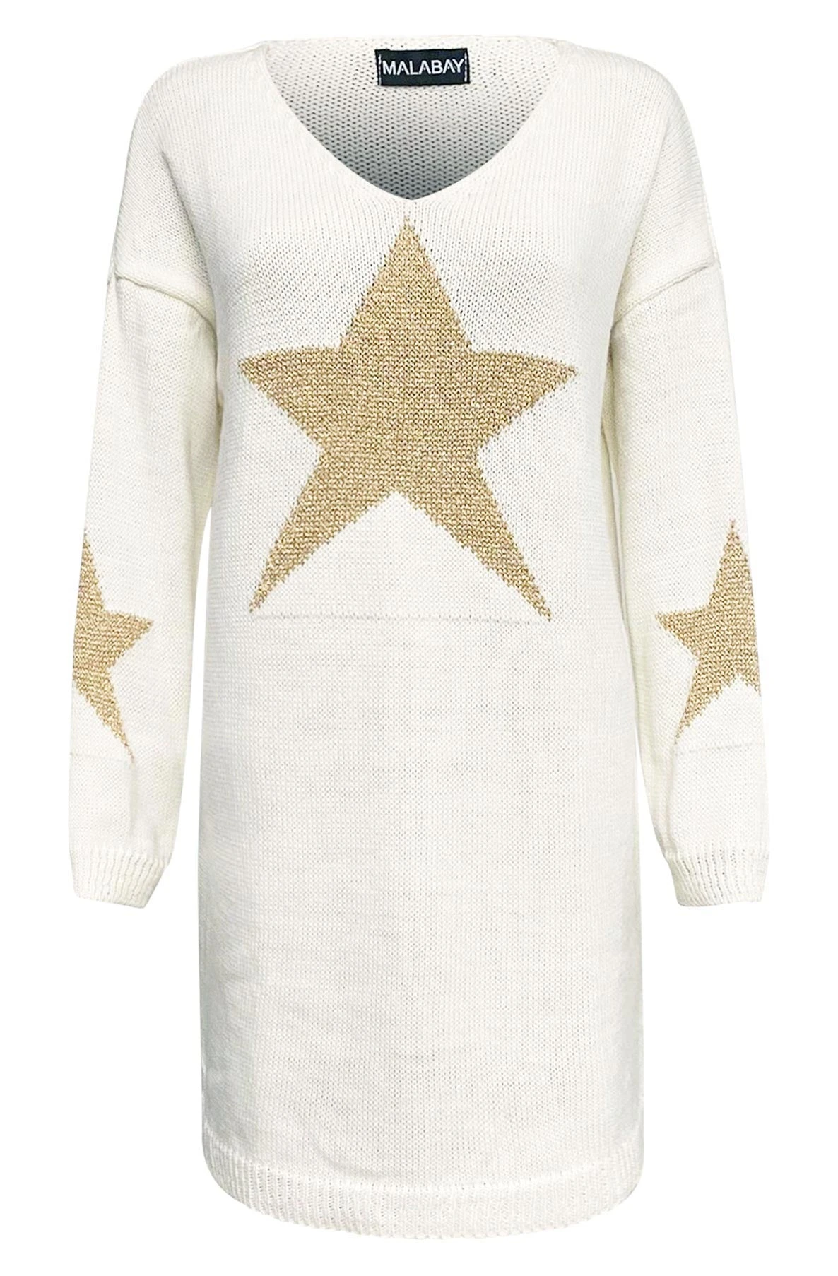 Uni V-Neck Langarm Pullover im Long-Style mit Stern