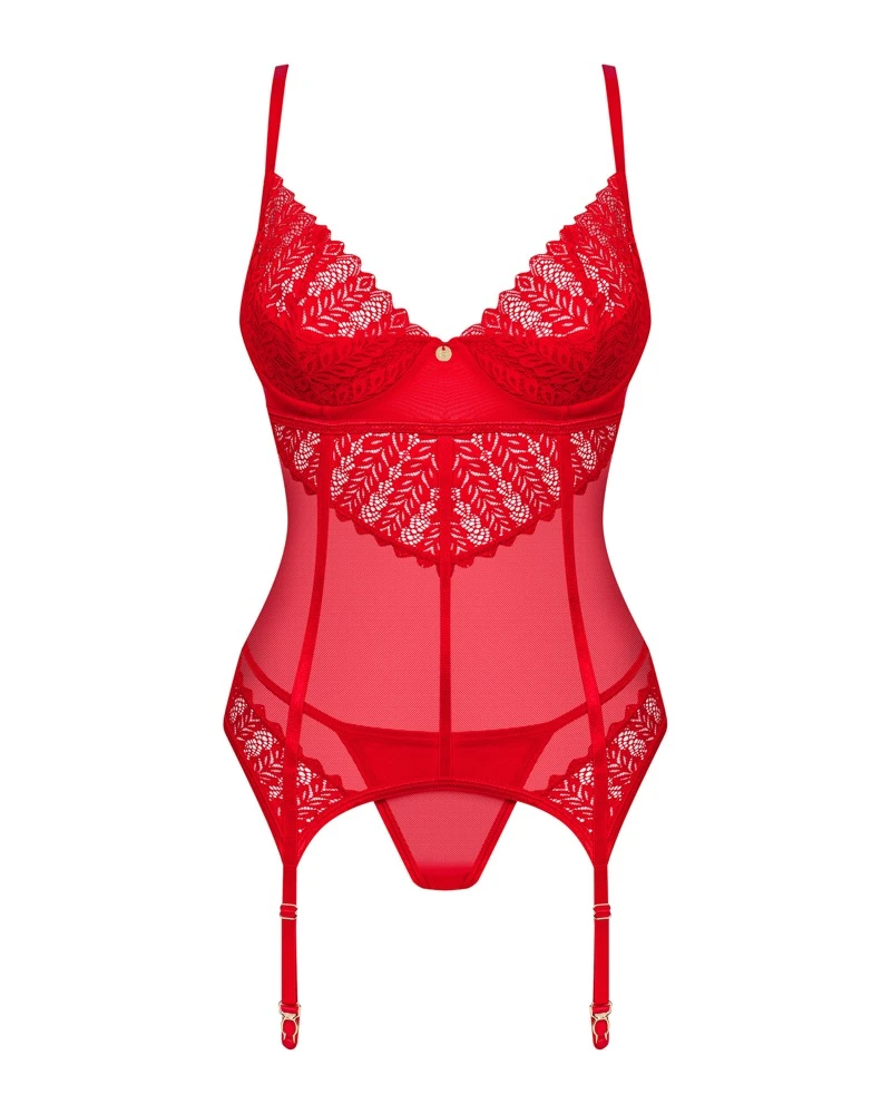 Obsessive Straps-Corsage und String im roten Set Ingridia. Straps-Corsage aus weicher elastischer Spitze und feinem Stretchtüll. Obsessive Straps-Corsage und String im roten Set Ingridia. Straps-Corsage aus weicher elastischer Spitze und feinem Stretchtüll.