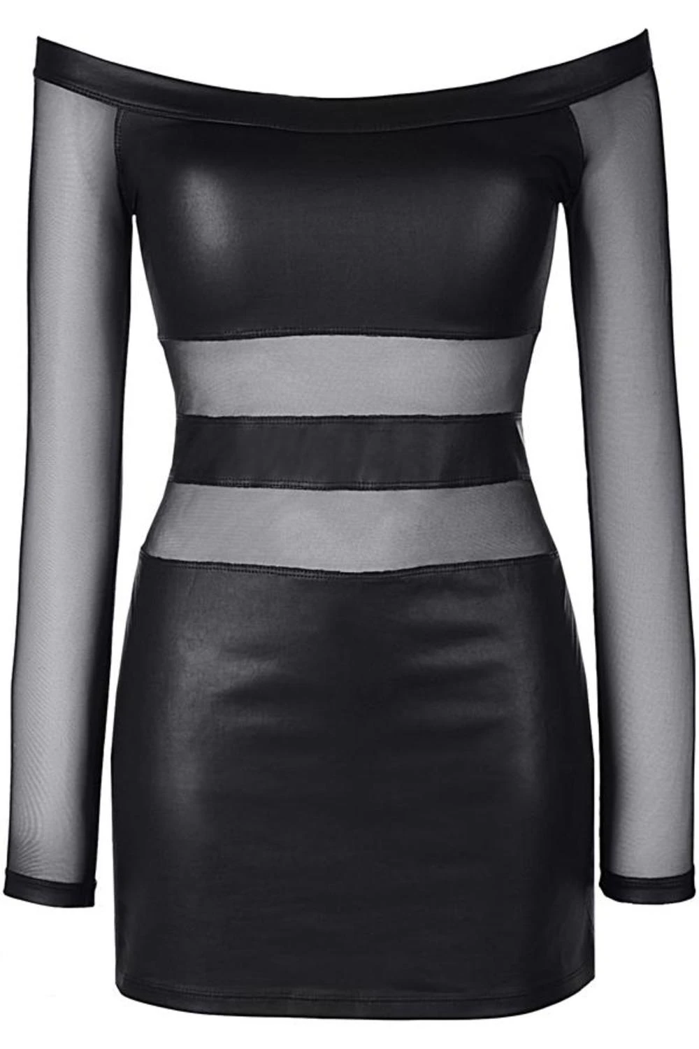 Axami schulterfreies Mikrofaser Wetlook Minilkeid mit Netzeinsätzen in schwarz Axami schulterfreies Mikrofaser Wetlook Minilkeid mit Netzeinsätzen in schwarz
