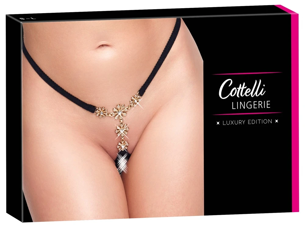 Cottelli LINGERIE Schmuckstring ouvert mit Strass-Blüten, Erotisch offen im Schritt und verstellbaren Stretchbändern