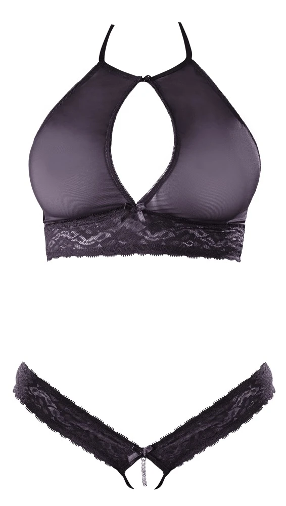 Cottelli LINGERIE Transparentes Ouvert Set BH und String mit Spitze und Kettchen