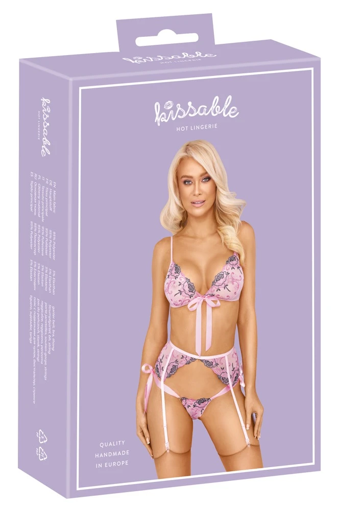 kissable Reizende Reizwäsche Lingerie mit Soft-BH, Strapsgurt & String. Pofrei, roséfarbener Powernet