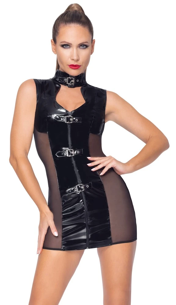 Kurzes, ärmelloses Kleid von Black Level komplett im schwarzen Lackglanz mit seitlichen elastischen Netz-Einsätzen. Vorne mit durchgehendem Reißverschluss unter 3 Schnallen.