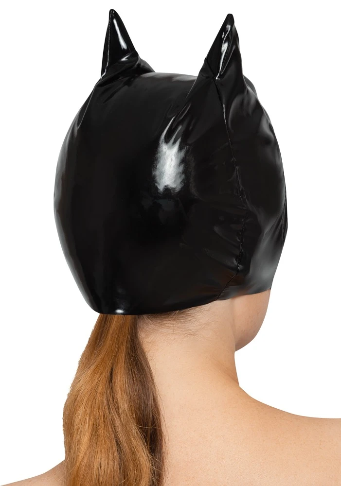  Das Highlight auf jeder Fetish-Party! Halbe Kopfmaske von Black Level im schwarzen Lackglanz und im Cat-Look mit kleinen Ohren und großen Katzenaugen-Öffnungen.
