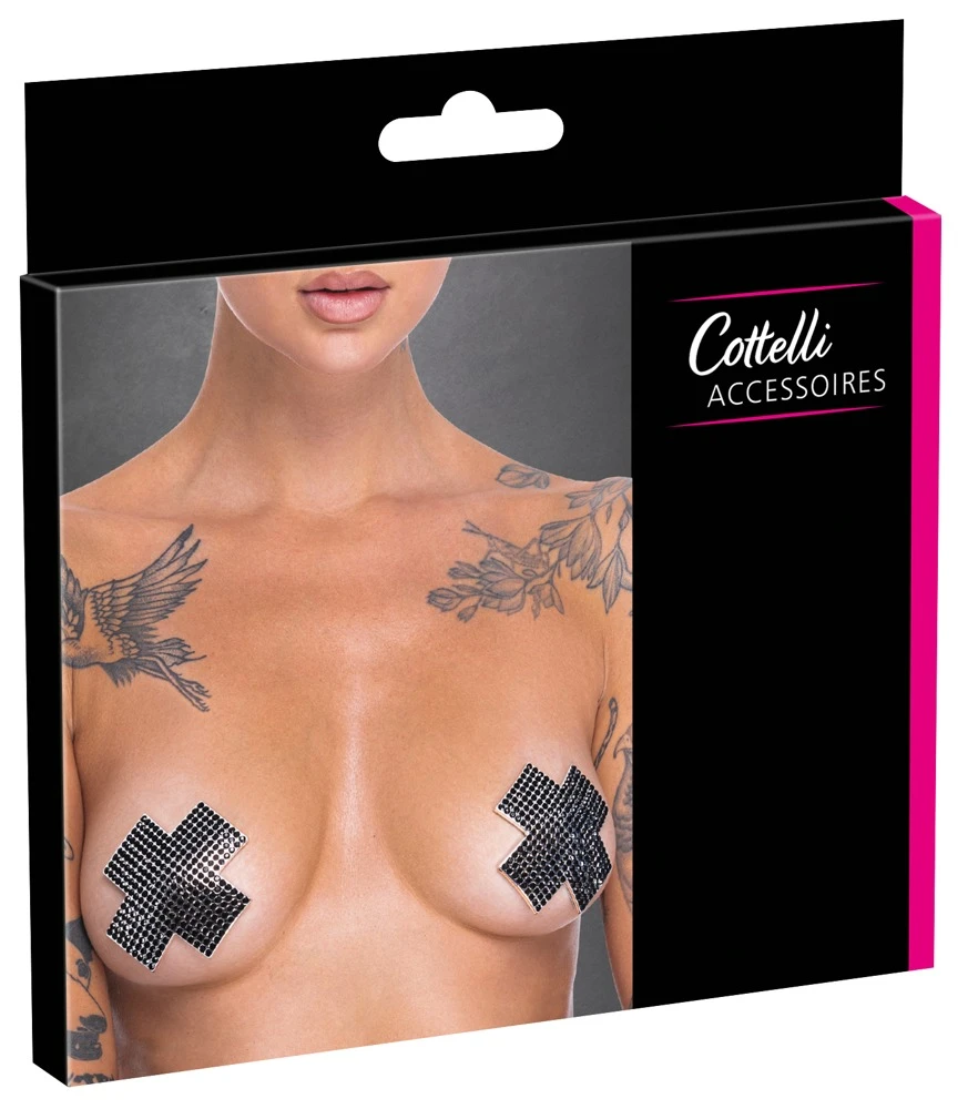 Cottelli Kreuz-Nippelsticker mit schwarzen schillernden Schmucksteinchen aus hautfreundlichem Bio-Kleber mehrfach verwendbar für aufregende Akzente