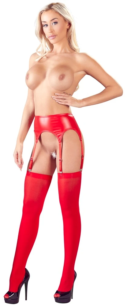 Strapsgürtel mit Strümpfen - Cottelli LINGERIE - sexy Set in Rot mit Wetlook, sechs verstellbaren Strumpfhaltern und Hakenverschluss