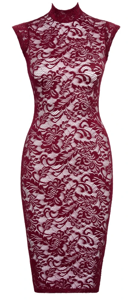 Kleid aus bordeauxroter Ornament-Spitze von Cottelli LINGERIE mit knieumspielender Länge, ärmellosem Schnitt und elegantem Stehkragen Kleid aus bordeauxroter Ornament-Spitze von Cottelli LINGERIE mit knieumspielender Länge, ärmellosem Schnitt und elegantem Stehkragen
