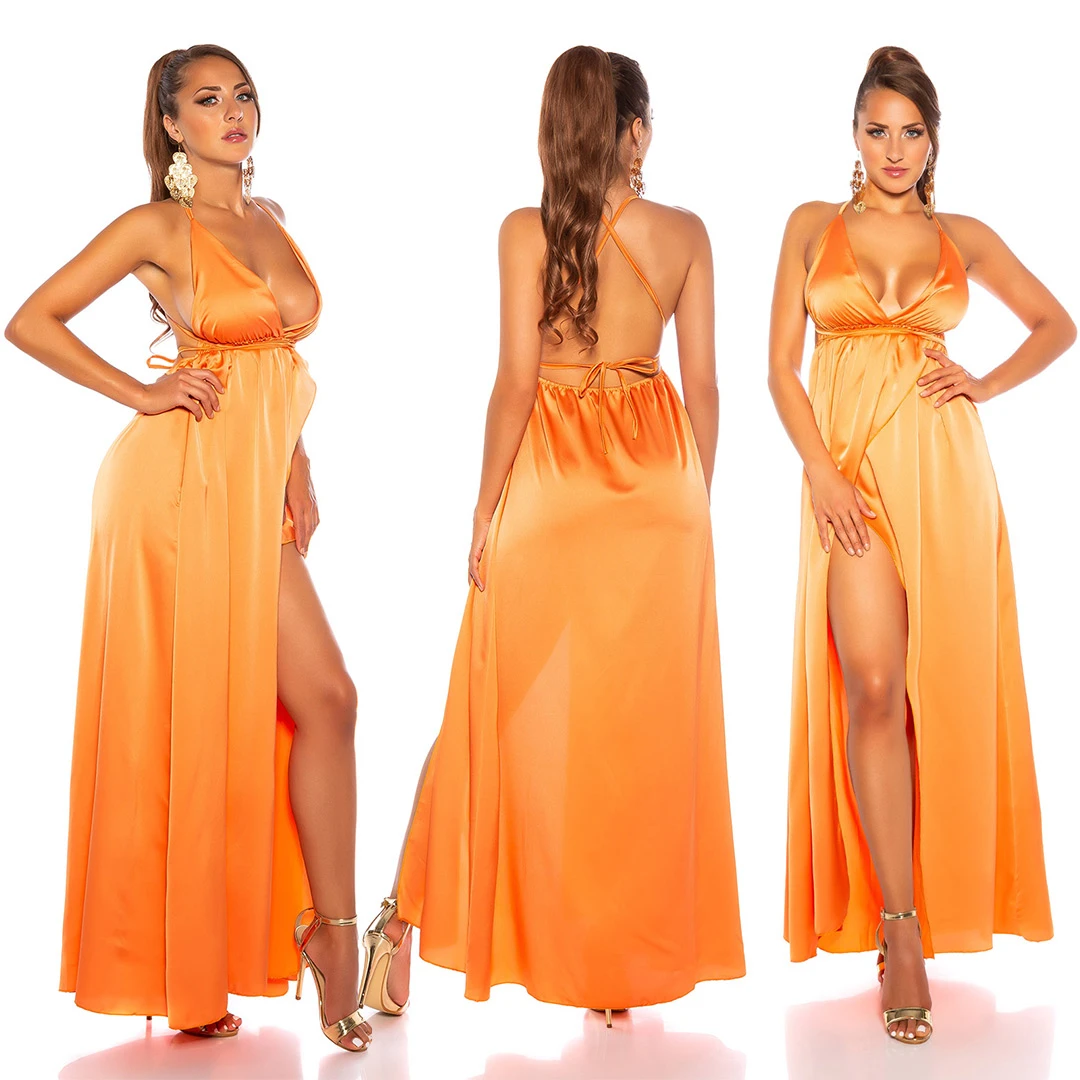 Rückenfreies Satin-Maxikleid mit sexy V-Neck und Wickel-Effekt Rückenfreies Satin-Maxikleid mit sexy V-Neck und Wickel-Effekt