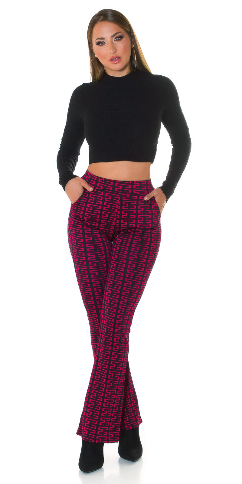 Printed High Waist Stretch Hose mit Schlag Printed High Waist Stretch Hose mit Schlag