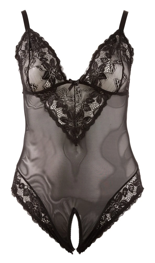 Cottelli Body Ouvert-Dessous aus semitransparentem Powernet und Blütenspitze in schwarz