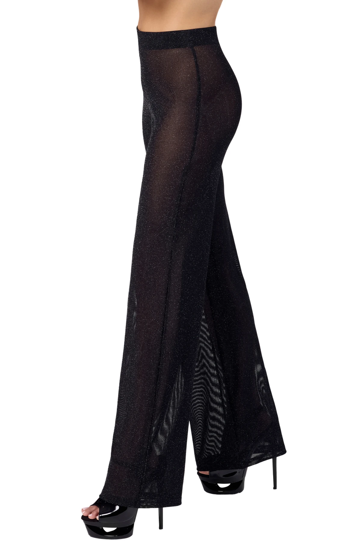 F374 Onyx Sheer Palazzo Hose von Noir Handmade aus luftigem Tüll mit feinen Silberfäden, weit geschnitten für fließende Bewegung, stilvoll kombiniert mit selbstbewusster, glamouröser Ausstrahlung