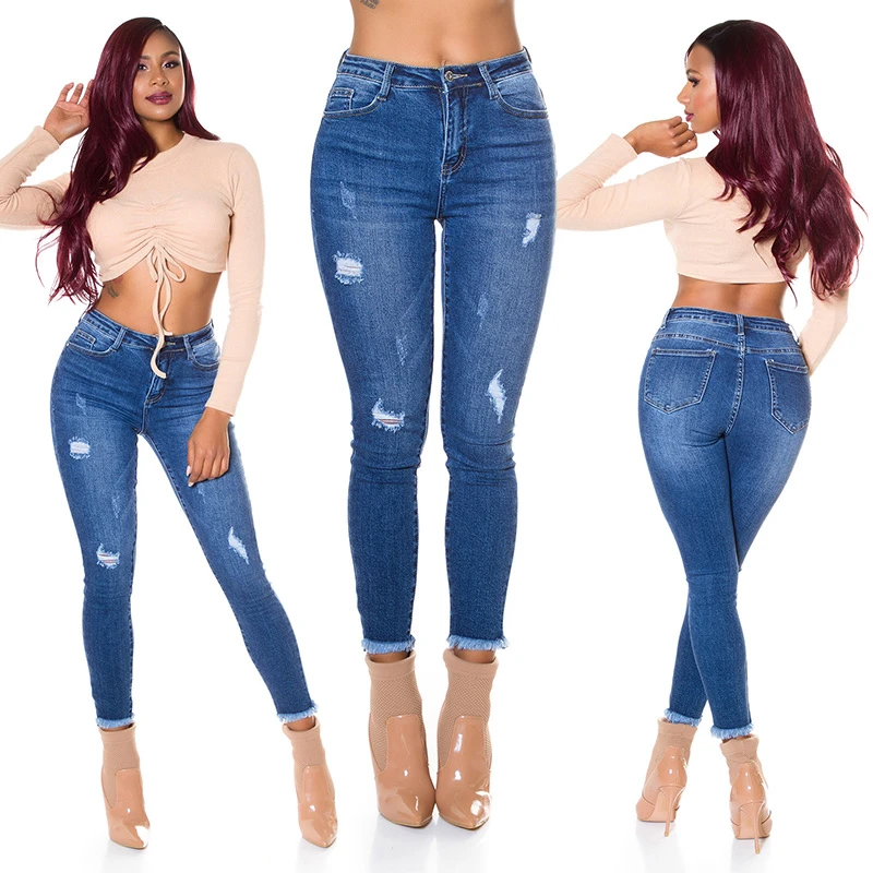 Basic Skinny-Jeans High Waist im Used-Look mit Destroyed-Details, fransigen Abschlüssen und figurbetontem Stretch-Fit