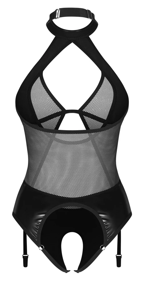Pofreier Body ouvert Dominna aus aufregendem Wetlook und feinem Netz in tiefem Schwarz für eine besonders sinnliche Silhouette von Obsessive